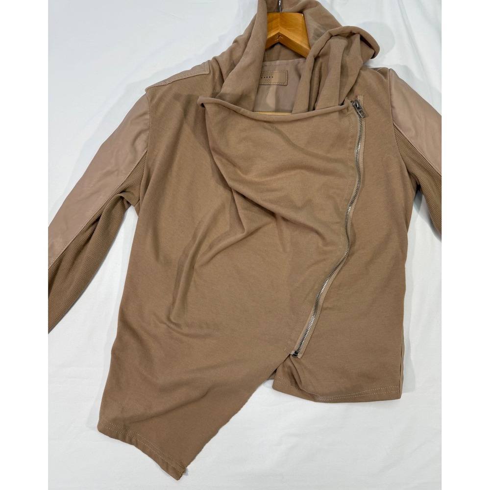 Blank NYC Asymmetrical Zip Mixed Media Vegan Leather Hoodie Tan M 30M-9027MX